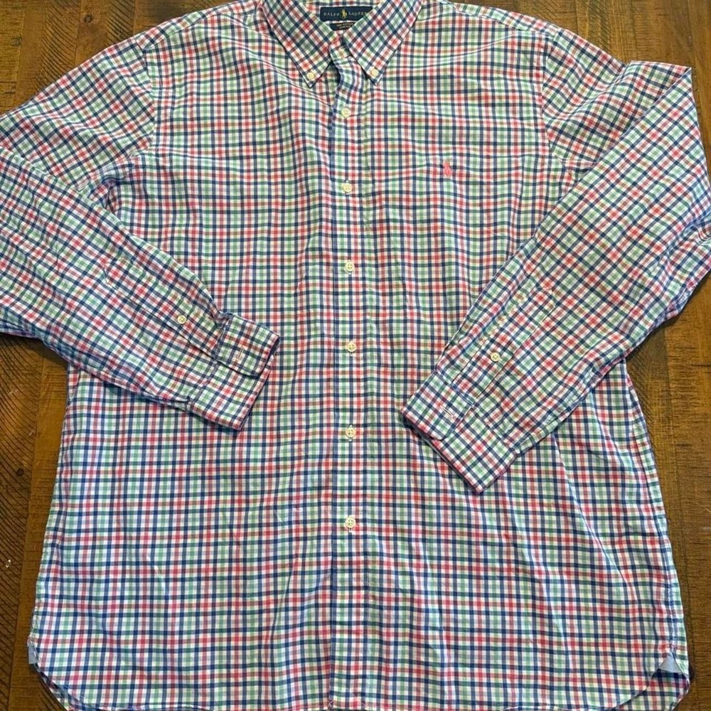 Ralph Lauren red, blue, and white plaid cotton stretch button-up shirt in XL